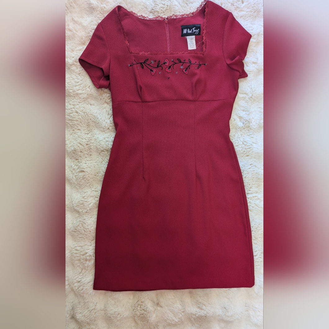 Vintage 90s Embroidered Square Neck Midi Dress